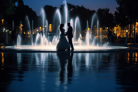 Generative AI Valletta, Malta - May 2023 - Closeup shot illuminated Triton fountain in evening. Slow motion of water jets spray and fall on bronze statue while silhouettes of tourist people take photo and pass by.の素材