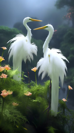 Generative AI Closeup shot of two adorable egrets walking together on the green grass.の素材