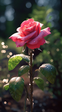 Generative AI Closeup Shot of the Hybrid Tea Rose Flower (Rosa Hybrida) with Beautiful Magenta Petals. A Plant Species of the Rosaceae Family in Rosales Order.の素材