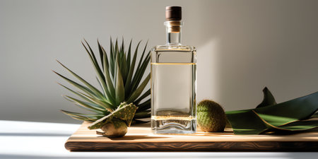 Generative AI Mexican tequila with lime and salt on stone background. concept luxury drink. Alcoholic drink. Freeze motion, drops in liquid splash Mexican national drink. space for text.の素材