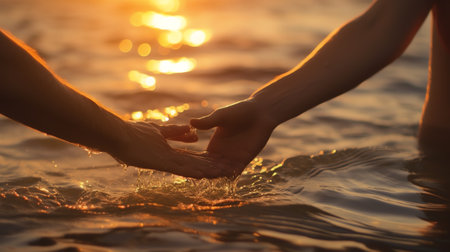 Generative AI Closeup shot of two people holding hands at the beach at sunset. Closeup shot of two people holding hands at the beach at sunset.の素材