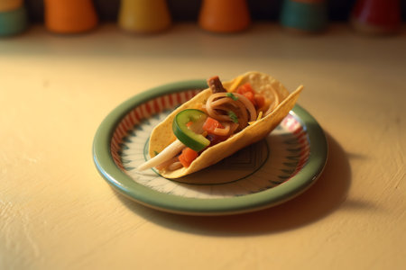 Generative AI A closeup shot of burrito on a colorful plate next to dips, on a red checkered tableclothの素材