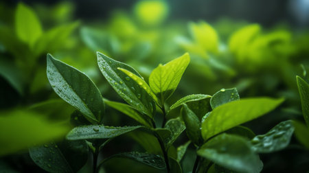 Generative AI A closeup shot of green leaves.の素材
