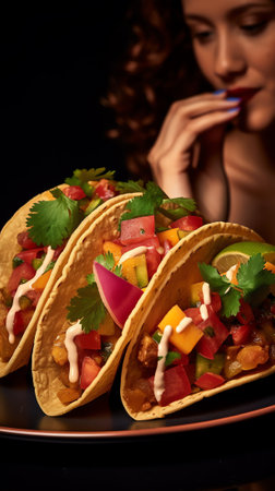 Generative AI A closeup shot of alhambre tacos in a colorful plate next to dips, on a red checkered tableclothの素材