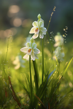Generative AI A closeup shot of unopened monk orchid flower buds with a blurred backgroundの素材