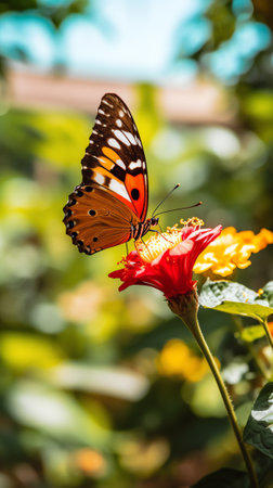 Generative AI A closeup shot of an adorable red-bodied batwing swallowtail butterfly sitting on a plantの素材