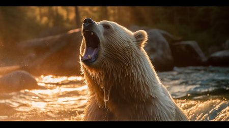 Generative AI A closeup shot of a brown bear eating a fish in a river under sunset lightingの素材