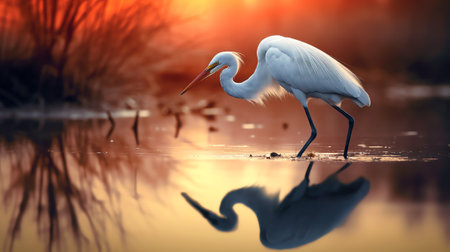 Generative AI Closeup shot of Cattle egret walking around the grass field looking for insects during sunset time.の素材