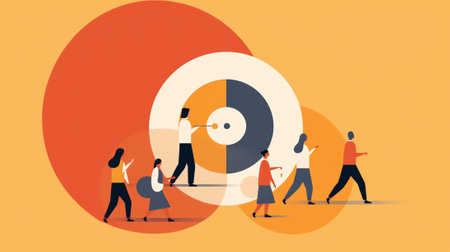Generative AI Focus group concept. People avatars in crosshair. Businessmen study audience, research consumer behavior. Target audience at aim. Customer attraction campaign, accurate seo, advertising. Vector designの素材