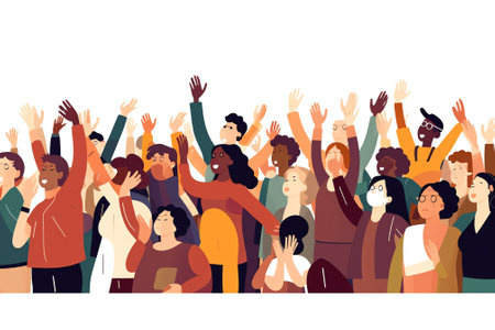 Generative AI Closeup of business crowd raising handsの素材