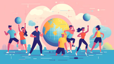 Generative AI Fit group people in exercise gear standing in a row holding dumbbells during an exercise class at the gymの素材