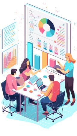 Generative AI Group of colleagues going over paperwork together in a modern office. Positive way of discussing important questions. Team-workers analyzing together graphs and charts on printed statistic documentsの素材