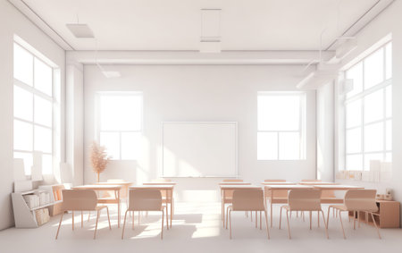 Generative AI Blurred of lecture room or meeting room with long table, chairs, projector, and big window. Education, business and technology concept.の素材