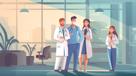 Generative AI Four healthcare workers in scrubs walking in corridorの素材