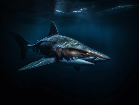 Generative AI A closeup shot of a sand tiger shark swimming in a huge aquarium in the daylightの素材