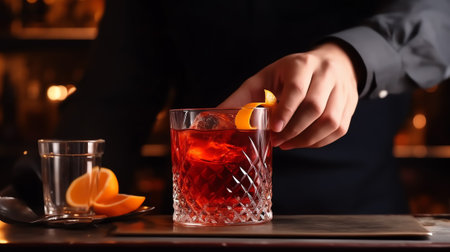 Generative AI Bartender pouring strong alcoholic drink into small glasses on bar, shotsの素材