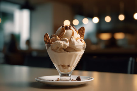 Generative AI A closeup shot of a chocolate brownie with ice cream in the cafeの素材