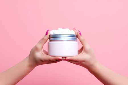 Generative AI Cropped shot of woman applying cosmetic product on her hands on a beige background. Young woman applying hand cream.の素材