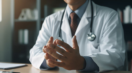 Generative AI Closeup shot of an unrecognizable female doctor holding a patient's hand in comfort during a consultation inside her office Closeup shot of an unrecognizable doctor holding a patient's hand in comfortの素材