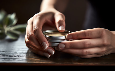 Generative AI Closeup shot of hands applying moisturizer. Beauty woman holding a glass jar of skin cream. Banner. CopySpace.の素材