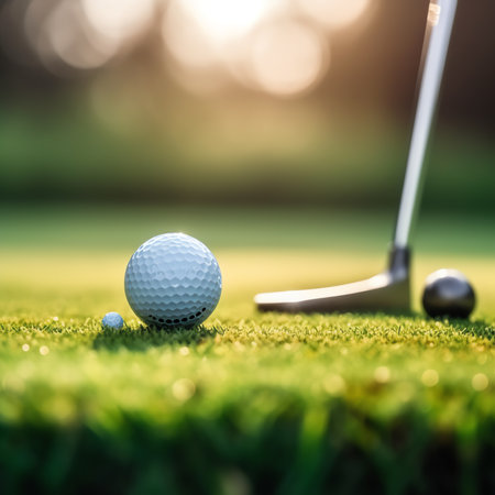Generative AI An extreme closeup of the golf driver and ball on the grass with a golfer ready to swing the driver. driver close-up view. selective focus golf driver and out of focus golfer. shot of golf clubの素材