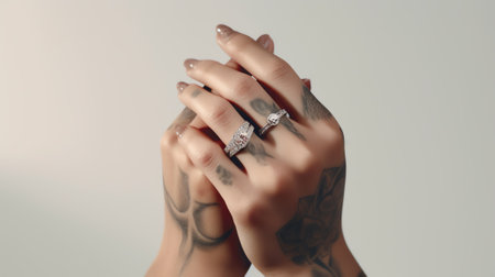 Generative AI A closeup shot of a female wearing beautiful rings on both hands and showing with fistsの素材