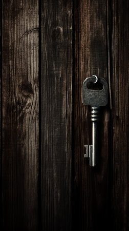 Generative AI Stainless doorknob and keyhole on old wooden door, Macro shotの素材