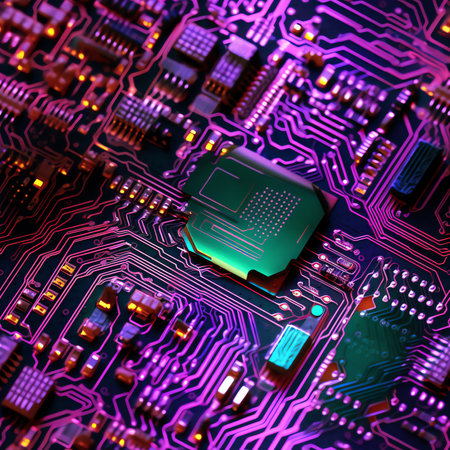 Generative AI Computer Microchips on Electronic circuit board. Technology microelectronics concept background. Macro shot, selective focus, extremely shallow DOF. Noises and large grain - stylization under film.の素材