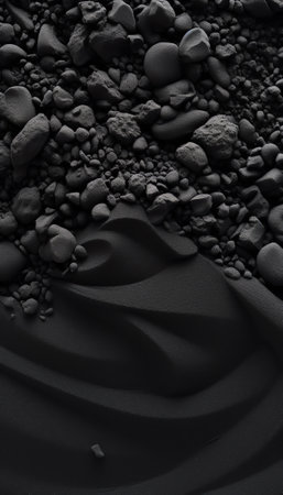 Generative AI Macro photography on a black sand beach. In this evening B and W macro shot of a black sand beach shadows play - Close-up view of sand dunes from above. Photo in black and white for the background.の素材