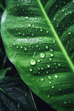 Generative AI Macro shot of green leaf with raindrops.の素材