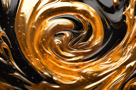 Generative AI Abstract Art - close up of mixed golden metallic acrylic paint in a swirl. Glitters and sparkles and movement. Effect of old wood. Macro detail photo of my acrylic pouring artwork.の素材
