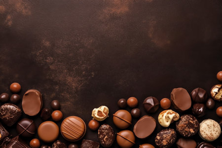 Generative AI Background of dark chocolate and hazelnuts. Black handmade chocolate with nuts top view macro shot.の素材