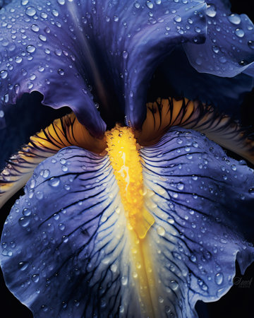 Generative AI wet iris flower with rain drops on leafsの素材