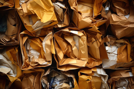 Generative AI Shredded paper texture, filling for gift box, stuffing and shipping. Brown decorative straws fillers for your product placement. Paper trash texture. Macro photography. Selective focus.の素材