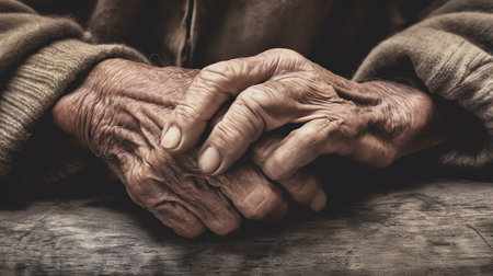 Generative AI Close-up shot of the wrinkled senior skin people hand. Textures of old skin hand.の素材