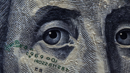Generative AI Macro shot Portrait of Alexander Hamilton on the one ten dollar bill. Background of the money. 10 dollar bill with Alexander Hamilton eyes macro shot. Money background. Face portraitの素材