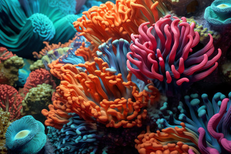 Generative AI Sea anemones and corals in marine aquarium. Colorful abstract natural pattern, texture, underwater background. Concept art, graphic resources, macro photographyの素材