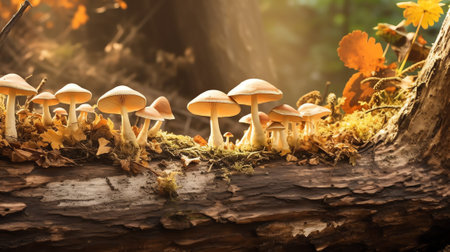 Generative AI Close Up of Yellow Mushrooms Growing on a Logの素材