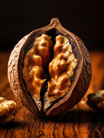Generative AI Close-up beautiful walnut shell extreme in purple light. Background texture for design. Macro Photography View.の素材