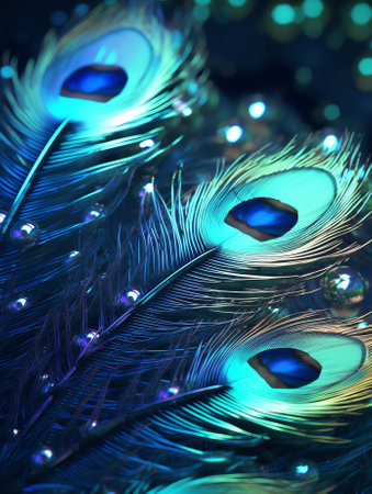 Generative AI Small water drop on a vertically placed peacock feather.の素材