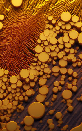 Generative AI Bee wing. Macro photo. Fragment of a wing of a bee. Macro texture of an insect wing on a yellow backgroundの素材