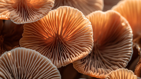 Generative AI Close up of mushroom gills. Abstract nature background, macro shot of oyster mushroom gillsの素材