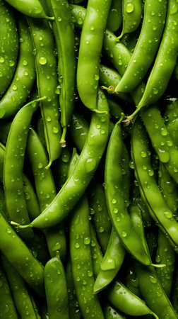 Generative AI Perfect green peas in pea pod covered with water drops. Macro shot.の素材