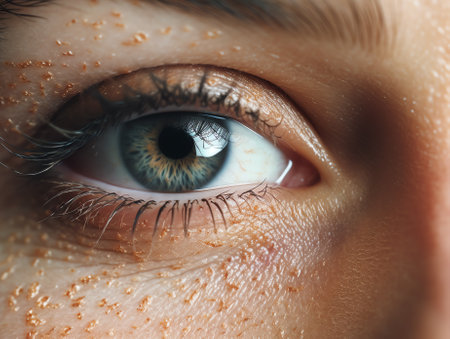 Generative AI Closeup macro shot of closed human female eye. Woman with natural day face beauty makeup. Girl with perfect skin and freckles.の素材