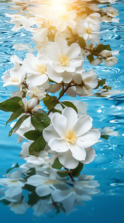 Generative AI Jasmine bloom. A beautifull white flower of Jasmine falling in the air isolated on blue background. Levitation or zero gravity concept. High resolution image.の素材