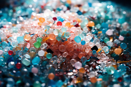 Generative AI Macro shot of a person with medical gloves and tweezers inspecting a pile of micro plastics. Concept of water pollution and global warming. Macro shot of micro plastics. Cool blue filter applied.の素材