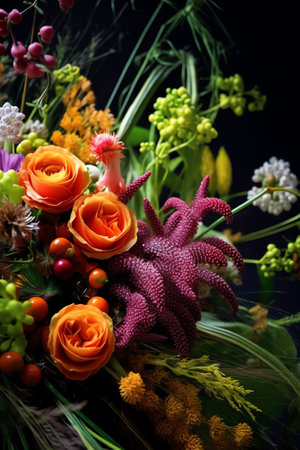 Generative AI Spring flowers on a dark background, orange and purple colors, close-up, studio shot.の素材