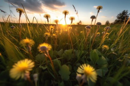 Generative AI Fluffy dandelions glow in the rays of sunlight at sunset in nature on a meadow. Beautiful dandelion flowers in spring in a field close-up in the golden rays of the sun.の素材