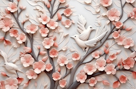 Generative AI Elegant colorful 3d flowers with leaves on a tree illustration background. 3d abstraction wallpaper for Interior mural painting wall art decor. Tree branches leaves with flowers hanging on wall.の素材