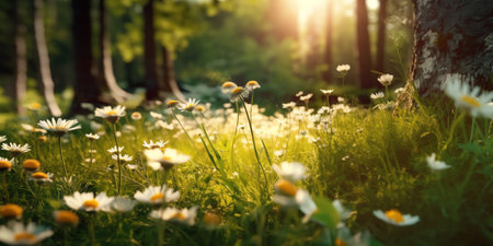 Generative AI Beautiful summer natural background with yellow white flowers daisies, clovers and dandelions in grass against of dawn morning. Ultra-wide panoramic landscape, banner format.の素材